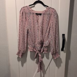 SOHO Lightweight Sheer Pink Floral Blouse with Front Tie and Hem Ruching Size S